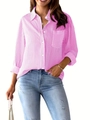 Detail showing pink and white vertical striped long sleeve shirt with front pocket on denim - Pink
