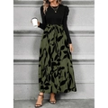 Elegant olive green long dress with black leaf print and long sleeves with tie waist - S / Army Green