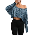 Top corto blu leopardato con spalle scoperte e maniche lunghe dal taglio aderente - S / Blu Leopardato