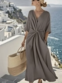 Summer dark grey V-neck maxi dress with twist waist detail and loose short sleeves - S / Gray