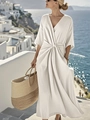 Elegant white V-neck maxi dress with pleated waist knot detail and breathable cotton linen fabric - S / White