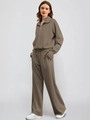 Detail view of coffee-colored sweatshirt set with stand collar and loose wide-leg trousers - S / Dark Khaki