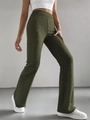 Detail shot of olive green ribbed knit flared trousers with high waist and vertical texture - S / Olive Green