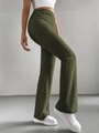 Detail view of olive green ribbed knit flare pants with high-waisted slimming fit for women - S / Bottoms / Army Green