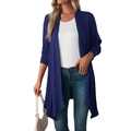 Women's casual long-sleeved open front cardigan coat in deep blue solid color - S / Navy Blue