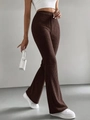 Chic dark brown ribbed knit flare trousers with high-waist slim fit for stylish women - S / Coffee