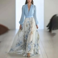 Robe longue élégante à imprimé floral numérique avec col en V et corsage mousseline - S / Style à manches longues / Bleu clair
