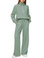 Ensemble vert clair pour femme avec sweat à demi-fermeture et pantalon large de sport - Vert