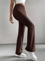 Detail view of chocolate brown ribbed knit flare pants showing the textured fabric and fit - S / Bottoms / Coffee