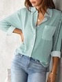 Women's green and white vertical striped long sleeve casual shirt with chest pocket - Emerald Green