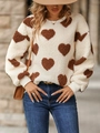 White sherpa fleece sweatshirt with brown heart print for women in casual autumn style - S / Khaki Heart