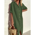Elegante vestido camisero de algodón y lino verde hierba con cuello clásico y botones - S / verde oliva