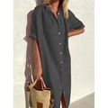 Elegant dark grey cotton linen maxi shirt dress with buttons and classic collar - S / Dark Gray