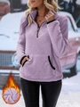 Detail of lavender fleece half-zip hoodie featuring side pockets and a snow background - Purple