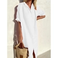 Elegant white cotton linen shirt dress with short sleeves and buttons for women - S / White