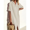 Elegant beige cotton linen maxi shirt dress with buttons and casual loose fit silhouette - S / Apricot