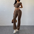 Damen 2-Teiler Set in Dunkelbraun mit schulterfreiem Oberteil und ausgestellter Hose - S / Kaffeebraun