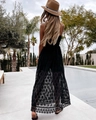 Detailed close-up of intricate hollow floral lace on a black sleeveless vacation maxi dress - S / Set / Black