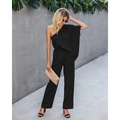 Elegant black one-shoulder wide-leg jumpsuit for women with elastic waist and relaxed fit - S / Black