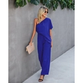 Royal blue one-shoulder wide-leg jumpsuit with elastic waist in an outdoor setting - S / Royal Blue