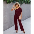 Detail of burgundy off-shoulder jumpsuit with elastic waist and wide leg cut for women - S / Burgundy