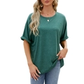 Relaxed fit dark green crew neck t-shirt with rolled sleeves for women shown on model - Dark Green