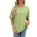 Women's avocado green crew neck t-shirt with rolled short sleeves in a loose fit - Grass Green