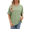 Grass green loose fit round neck T-shirt with rolled sleeves for a casual summer look - Bean Green