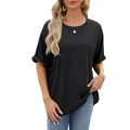 Women's loose fit black crew neck t-shirt with cuffed short sleeves and drop shoulder - Black