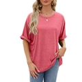 Women's loose short sleeve T-shirt in coral pink color with rolled cuffs and round neck - Red
