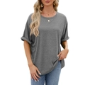 Women's oversized dark grey t-shirt with crew neck and stylish rolled cuffs - Gray