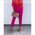 Women high waist fuchsia harem pants with matching belt and orange floral blouse - S / Rose Red