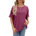 Oversized crew neck short sleeve T-shirt in wine red with rolled cuffs for women - Burgundy