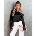 Elegant black satin one-shoulder long sleeve blouse with luxurious glossy finish for women - S / Black