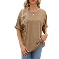 Khaki oversized women's crew neck T-shirt with rolled sleeves and drop shoulder style - Khaki