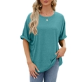 Women's loose short sleeve round neck T-shirt in teal blue with rolled sleeve details - Malachite green