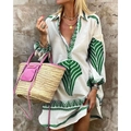 Summer white shirt dress with green leaf print and V-neckline for women's vacation style - S / Dresses / Green