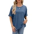 Women's loose grey-blue round neck T-shirt with dropped shoulders and cuffed sleeves - Blue