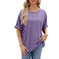 Women's casual loose purple t-shirt with crew neck and rolled short sleeves design - Purple