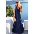 Pleated deep blue halter dress with metallic sheen in a scenic Santorini outdoor setting - S / Dark Blue