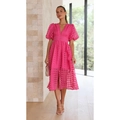 Pink V-neck dress with lantern sleeves and plaid hollow lace for summer fashion - S / Dresses / Rose Red