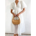 Fashionable white puff sleeve V-neck midi dress with checkered texture and button waist - S / Dresses / White