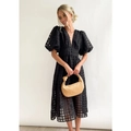 Fashionable black mid-length dress with puff sleeves, V-neckline and textured plaid fabric - S / Dresses / Black