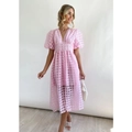 Chic pink plaid lantern sleeve midi dress with deep V-neck and decorative buttons - Pink