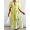 Chic yellow plaid lantern sleeve midi dress with V-neck and front buttons for women - Yellow