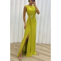 Sleeveless pleated maxi dress in bright lime green with rhinestone buckle and high slit - S / Yellow-Green