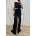 Sleeveless navy blue pleated evening gown with side slit and rhinestone buckle ornament - S / Navy Blue