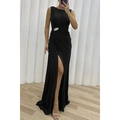 Elegante mouwloze zwarte geplooide jurk met zijsplit en sprankelende brochedetail - S / Marineblauw