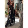 Robe longue bohème noire à imprimé ethnique et col en V pour des vacances décontractées - 2XL / Noir