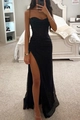 Detail of elegant black shimmering evening gown featuring high slit and corset style bodice - S / Dress (60620) / Glitter Black